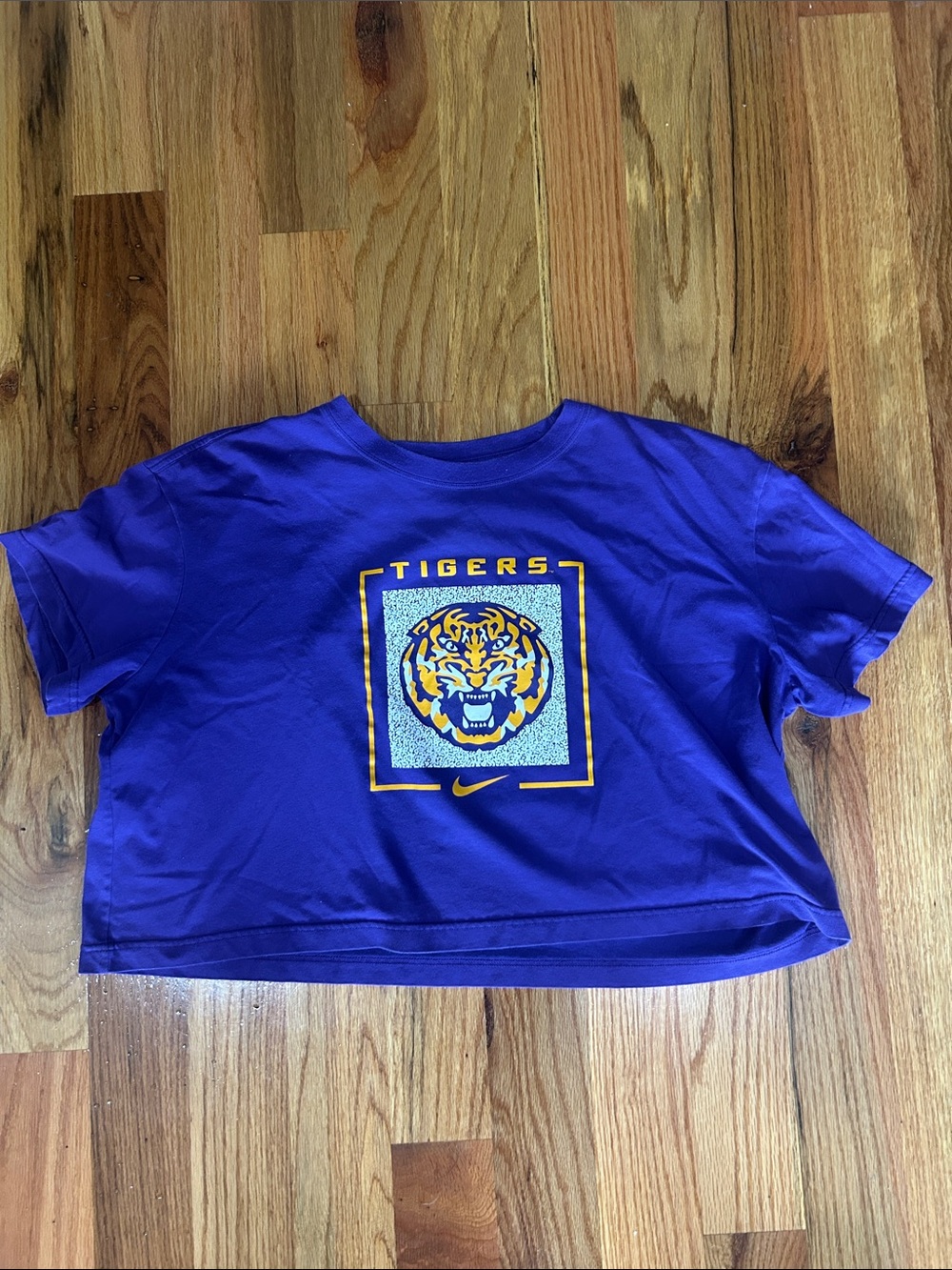 LSU Nike Purple Tigers Graphic Crop Tee with Yellow Accents